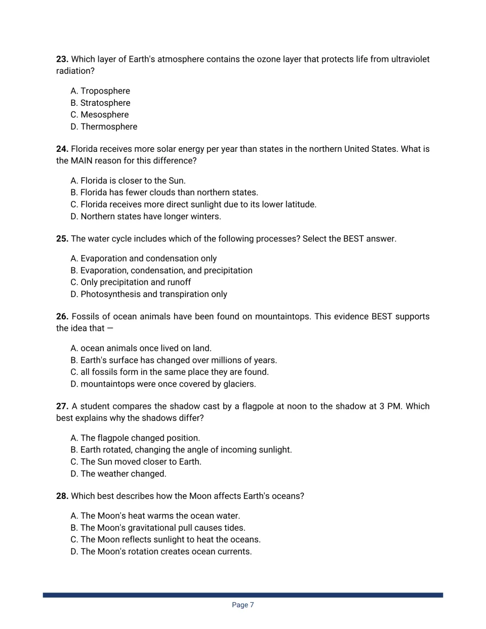 Earth and space questions 23–28: ozone layer, Florida's latitude and sunlight, water cycle, fossils, shadows and tides