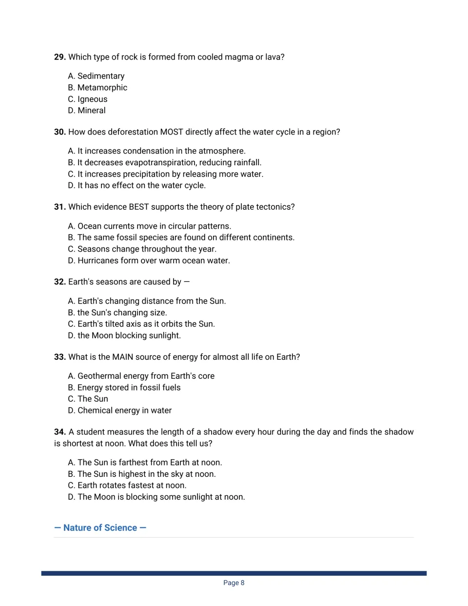 Earth science questions 29–34: igneous rock, deforestation, plate tectonics, cause of seasons, the Sun, noon shadows