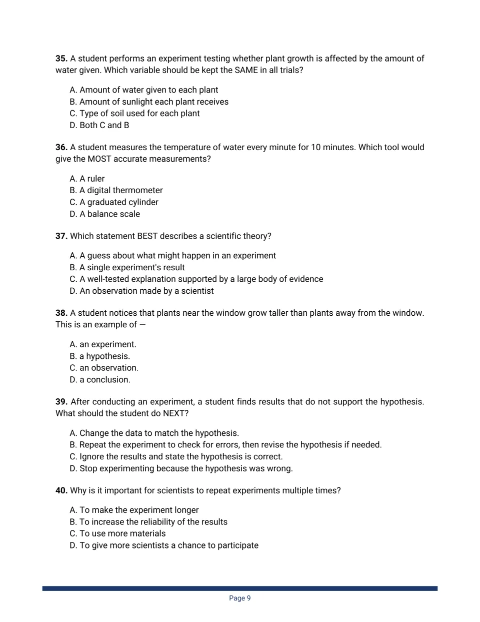 Nature of science questions 35–40: controlled variables, choosing a thermometer, theories, observations, repeating trials