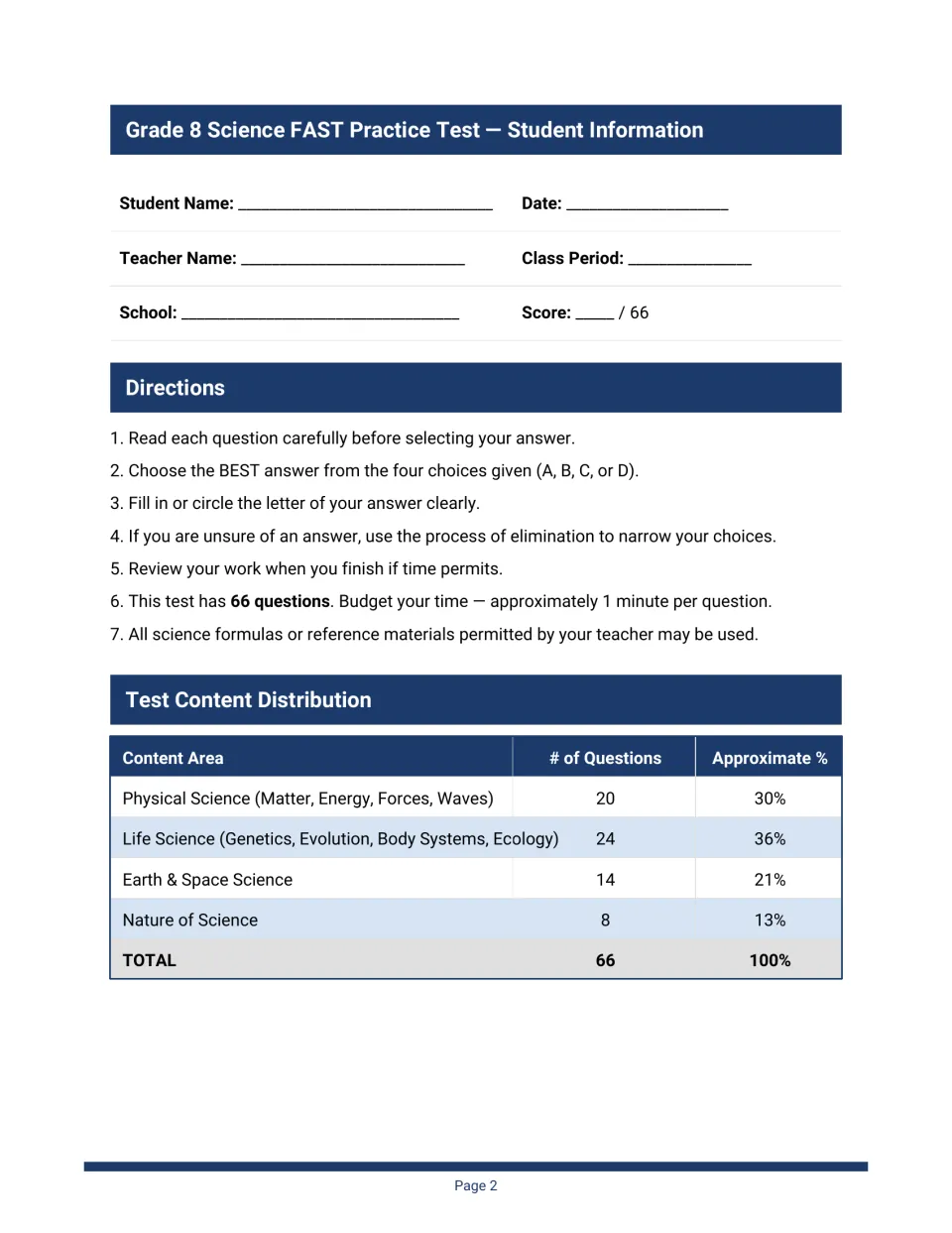 Student information sheet: name and score lines, seven test directions and a table of question counts by content area