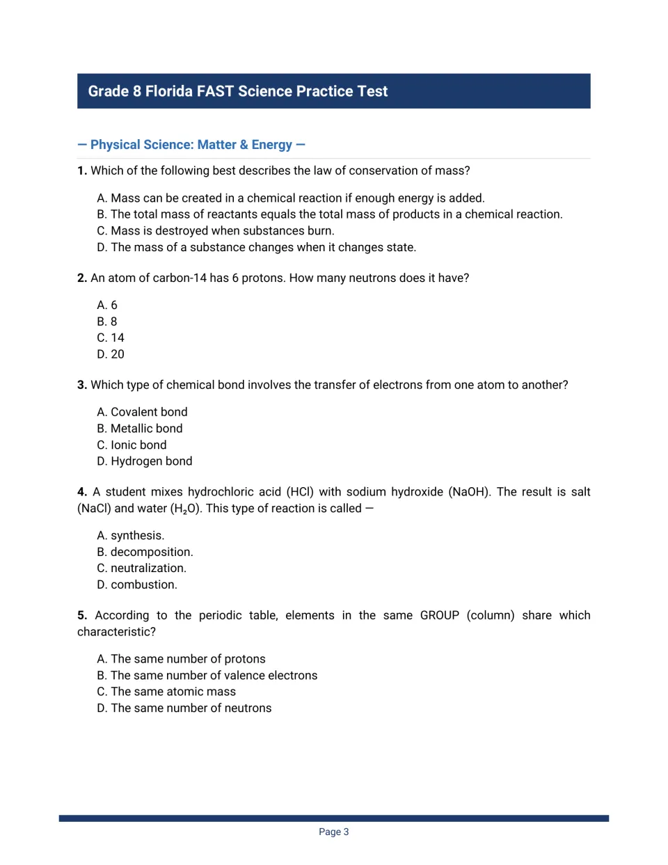 Matter and energy questions 1 to 5: conservation of mass, carbon-14 neutrons, ionic bonds, neutralization, periodic groups