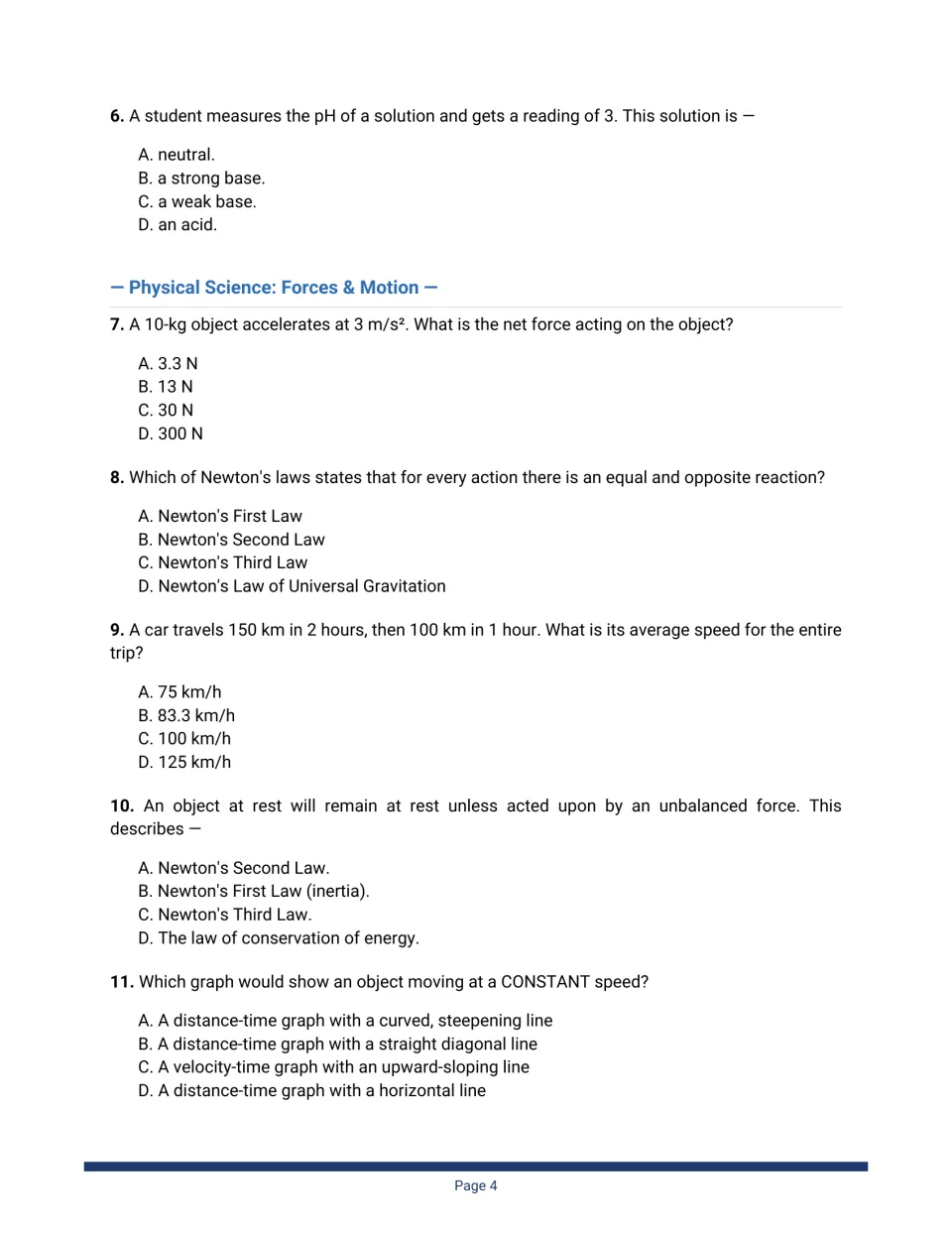 Questions 6 to 11 on pH and forces and motion: net force calculation, Newton's laws, average speed, distance-time graphs