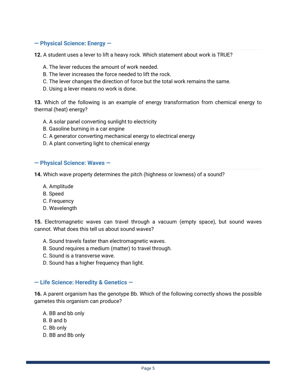 Questions 12 to 16 on levers and work, energy transformation, sound pitch and media, and gametes from a Bb genotype