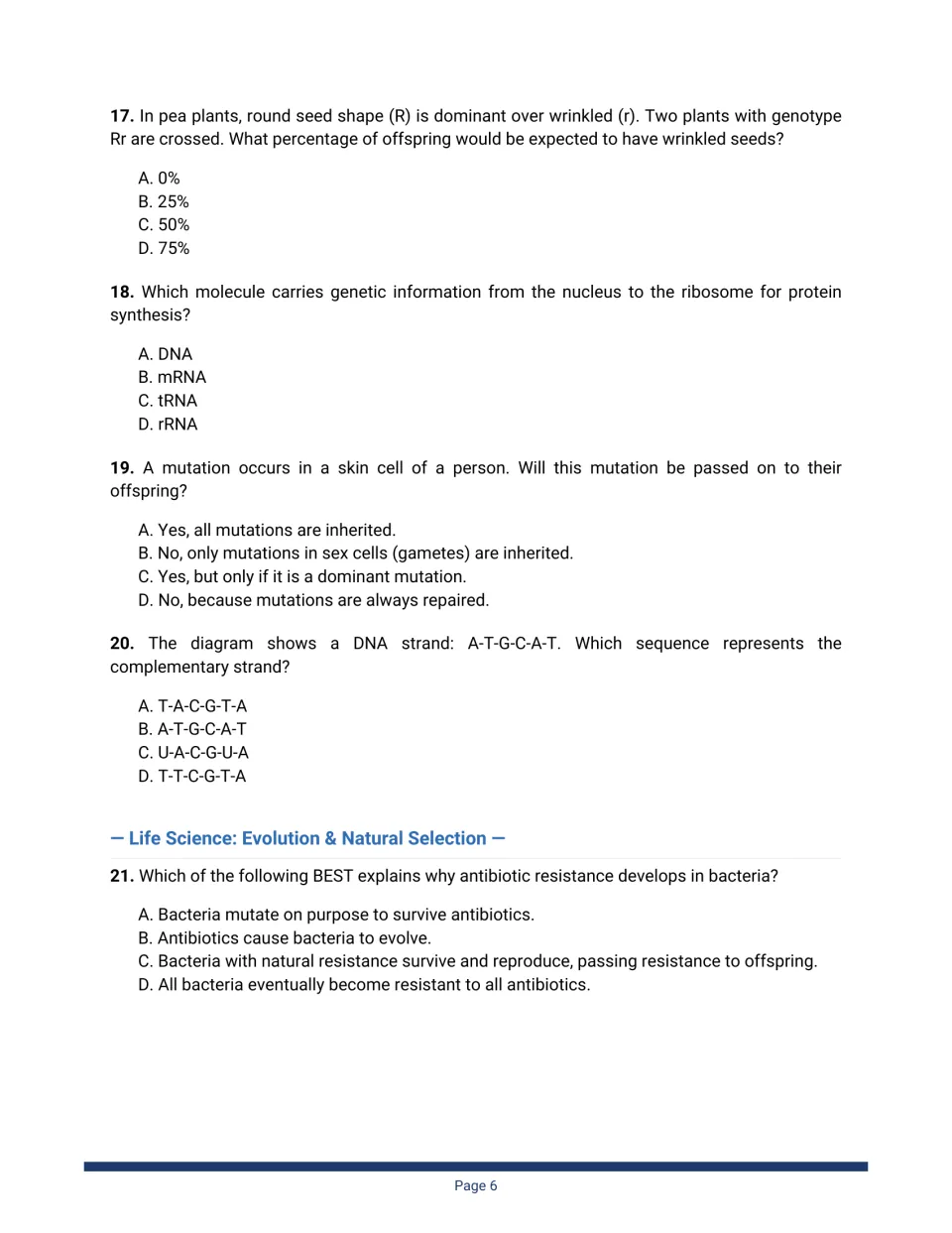 Genetics and evolution questions 17 to 21: Rr pea cross, mRNA, inherited mutations, complementary DNA, antibiotic resistance