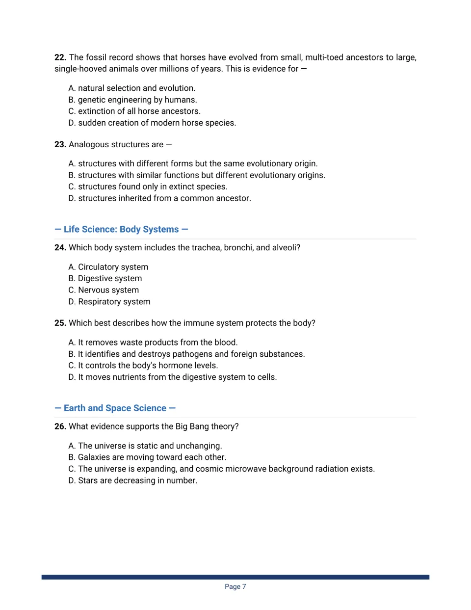 Questions 22 to 26 on horse fossil evidence, analogous structures, respiratory and immune systems, and Big Bang evidence