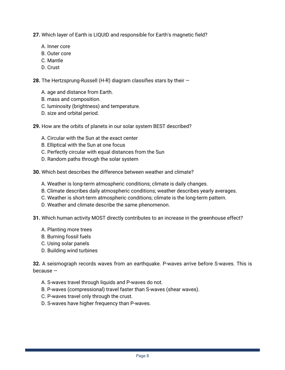 Earth and space questions 27 to 32: outer core, H-R diagram, elliptical orbits, weather vs climate, greenhouse, P-waves