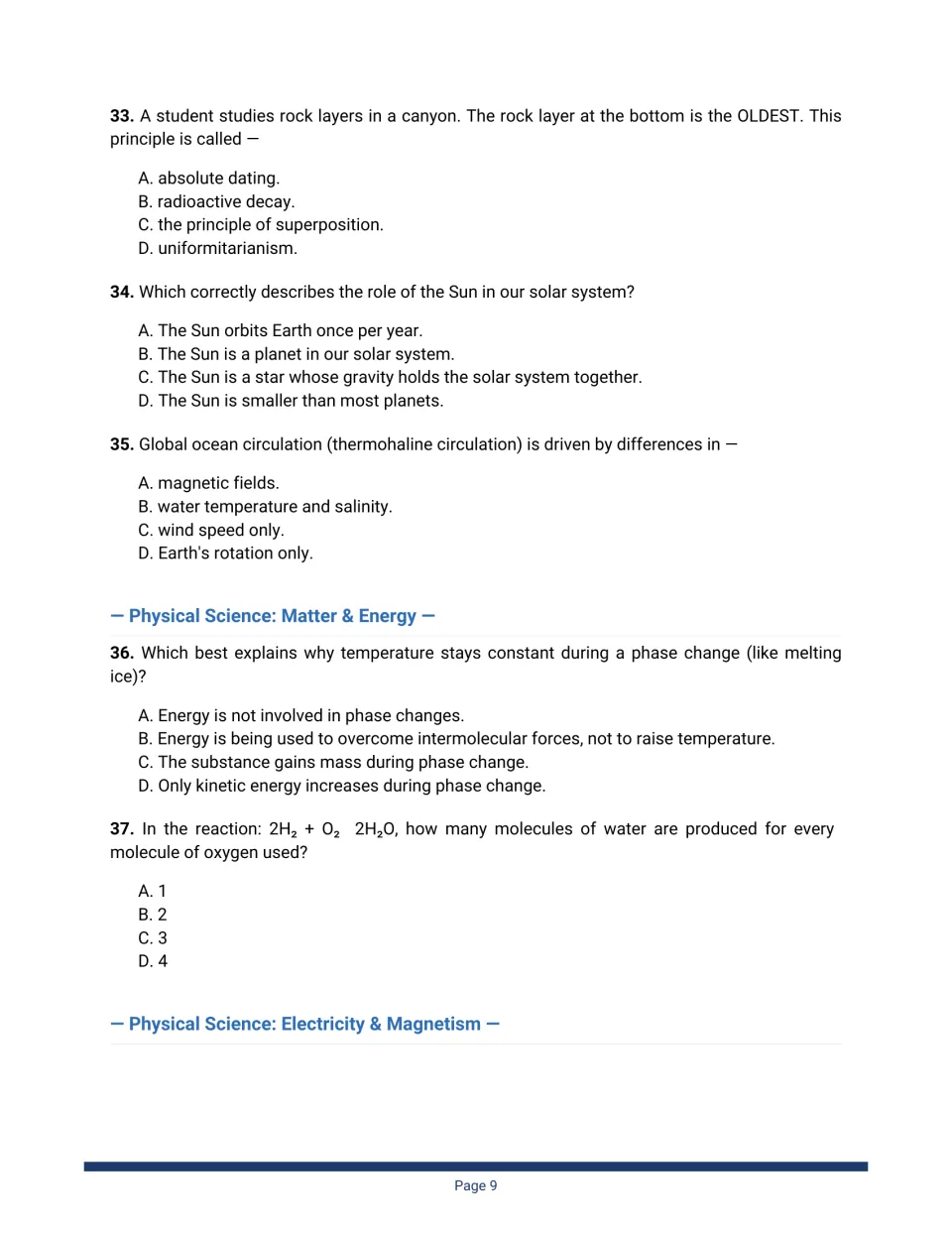 Questions 33 to 37 on rock-layer superposition, the Sun's gravity, ocean circulation, phase changes and water molecules