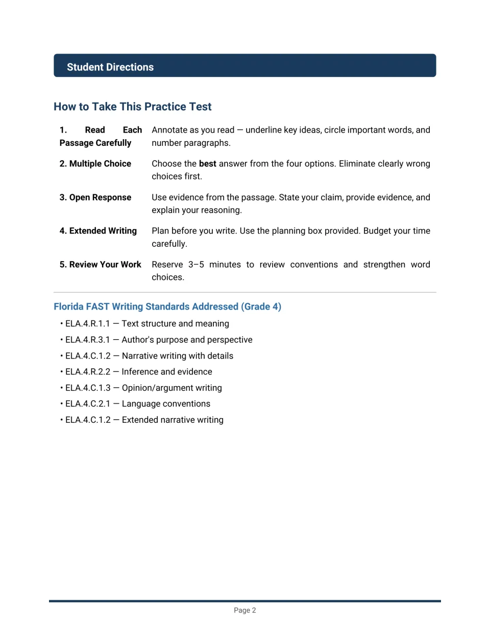 Student directions: five test-taking steps from annotating passages to reviewing work, plus a list of ELA standards
