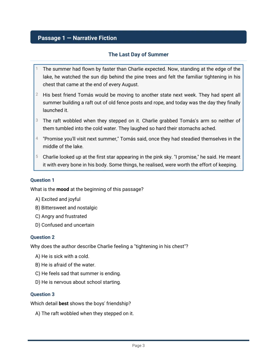 Narrative passage 'The Last Day of Summer' with questions 1-3 on mood, a character's feelings and details of friendship