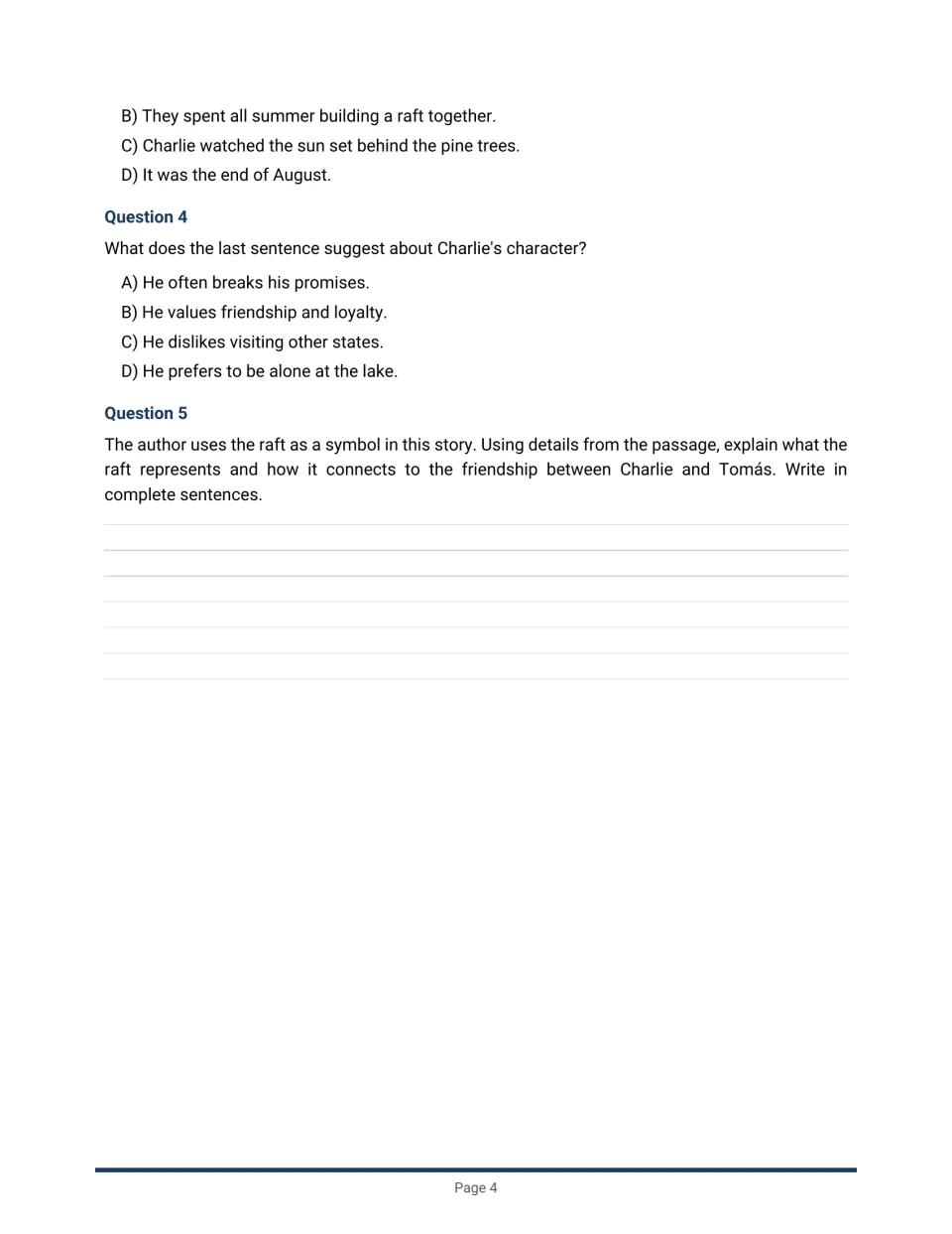 Questions 3-5 on the summer story: character inference, then a written response explaining what the raft symbolizes