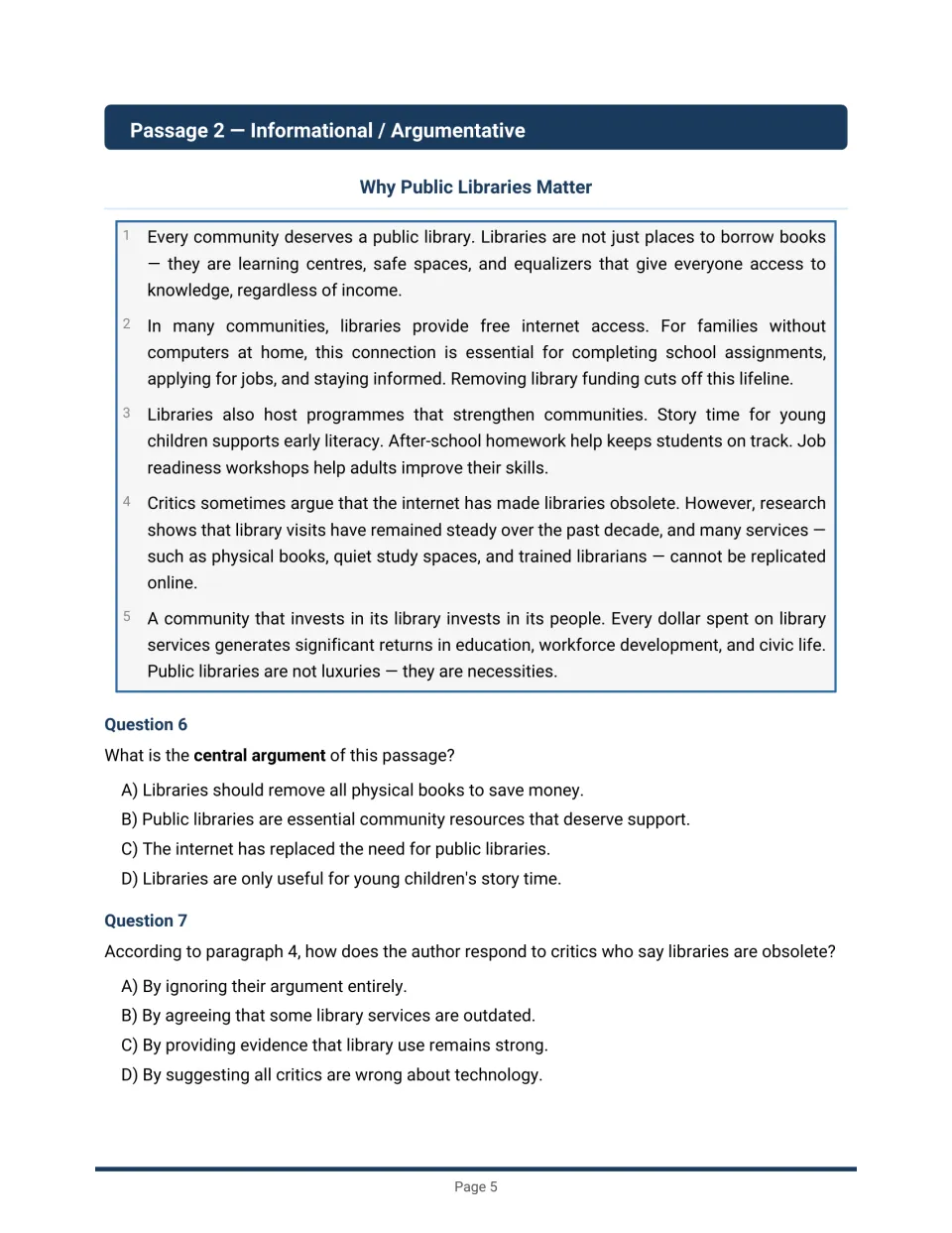 Argumentative passage 'Why Public Libraries Matter' with questions 6-7 on the central argument and responding to critics