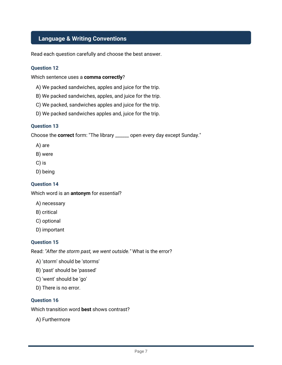 Conventions questions 12-16: series commas, subject-verb agreement, antonyms, past vs passed and contrast transitions