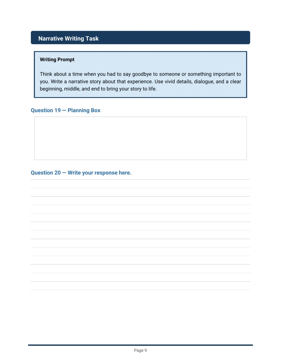 Narrative writing task: students plan and write a story about saying goodbye to someone or something important