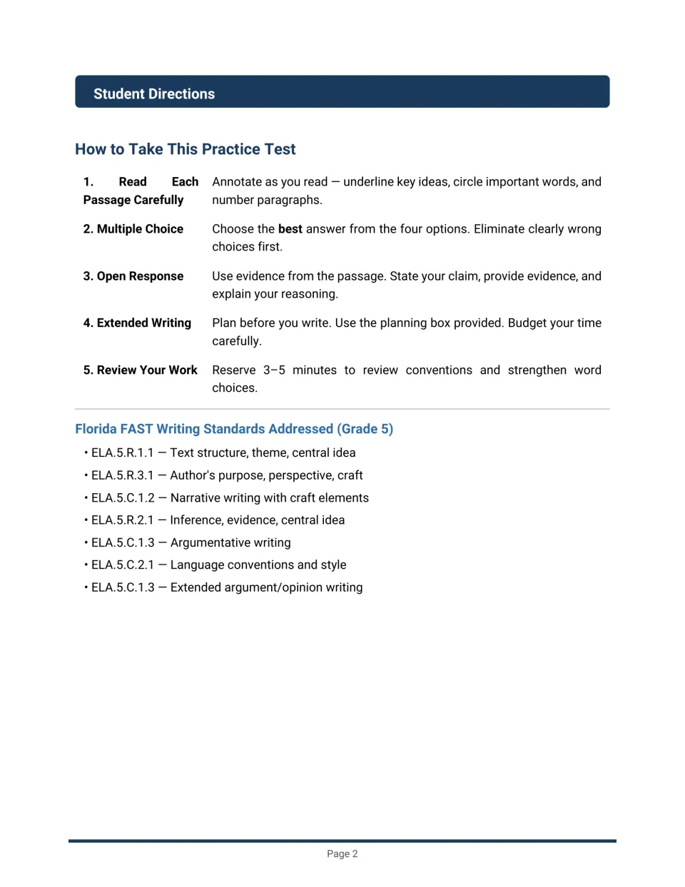 Student directions: five steps for annotating passages, answering multiple choice, open response and extended writing