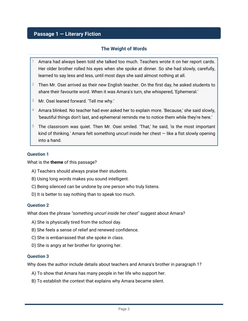 Literary fiction passage 'The Weight of Words' with multiple choice questions on theme, phrase meaning and author's purpose