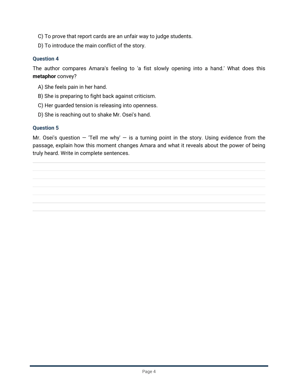Questions on 'The Weight of Words': interpret a metaphor, then write an evidence-based response on the story's turning point
