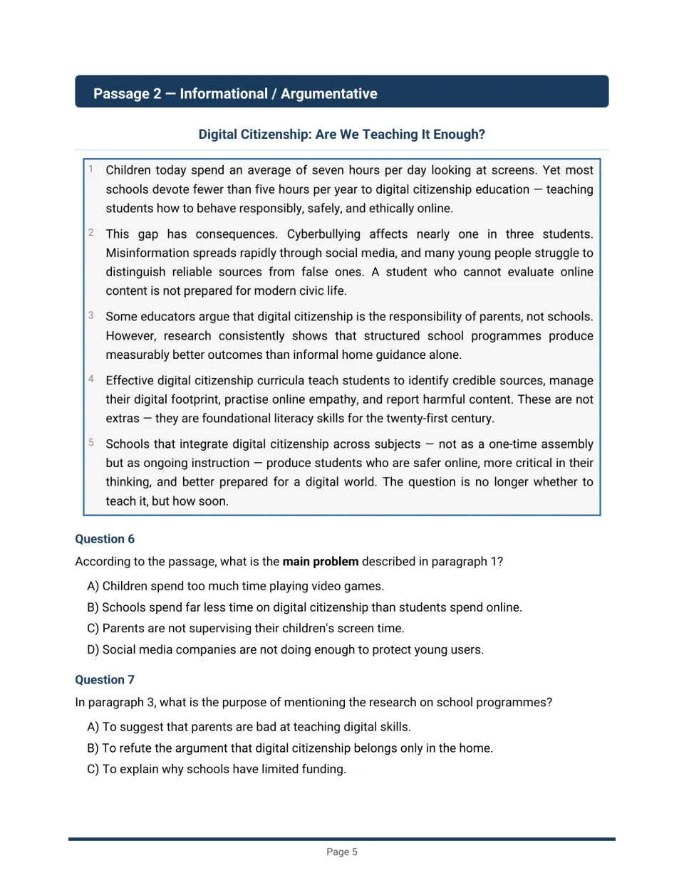Argumentative passage on digital citizenship in schools, with questions on the main problem and purpose of cited research