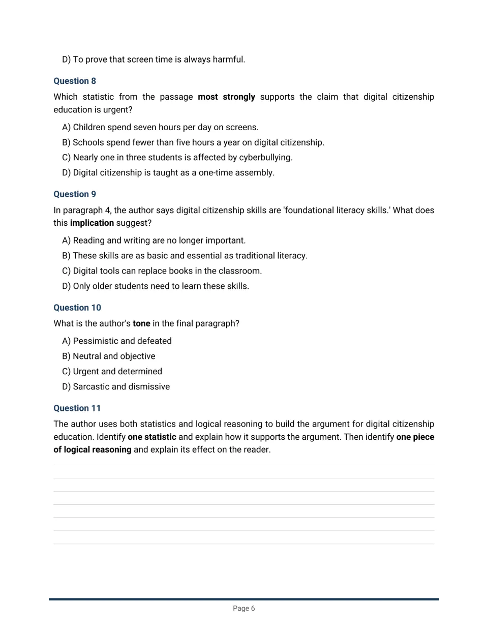 Digital citizenship questions on evidence, implication and tone, plus a written response on statistics and reasoning