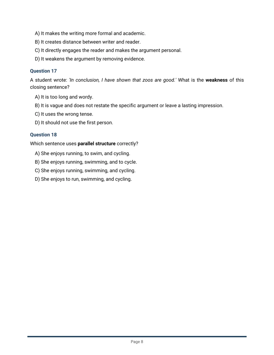 Conventions questions on second-person effect, a weak concluding sentence and choosing the sentence with parallel structure