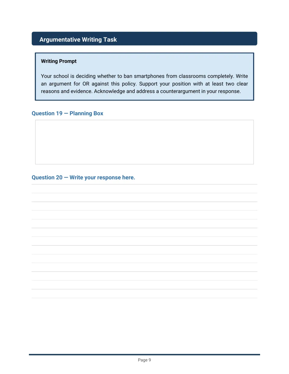 Argumentative writing task: students plan and write for or against banning smartphones in class, with a counterargument