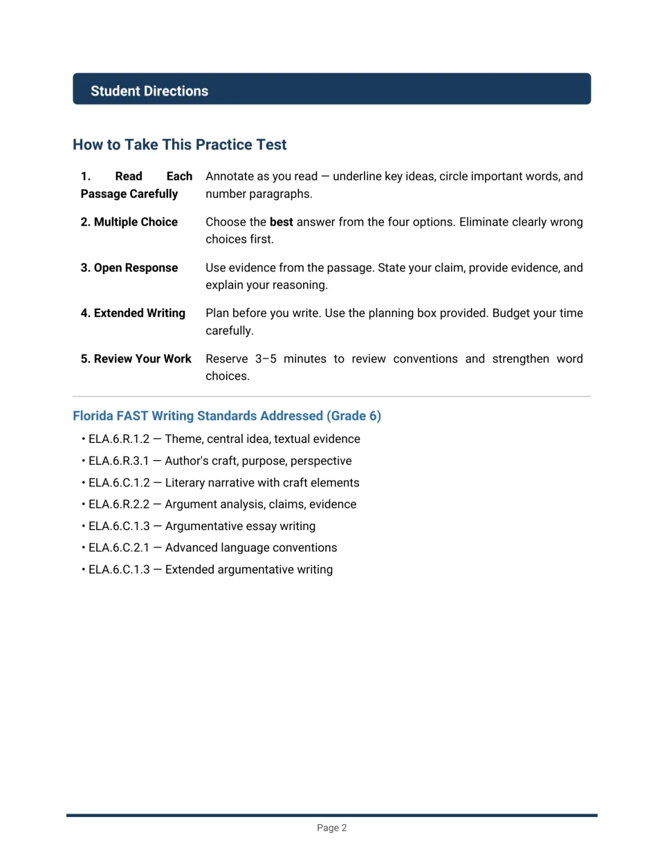 Student directions: five steps for taking the test, from annotating passages to reviewing work, plus ELA.6 standards