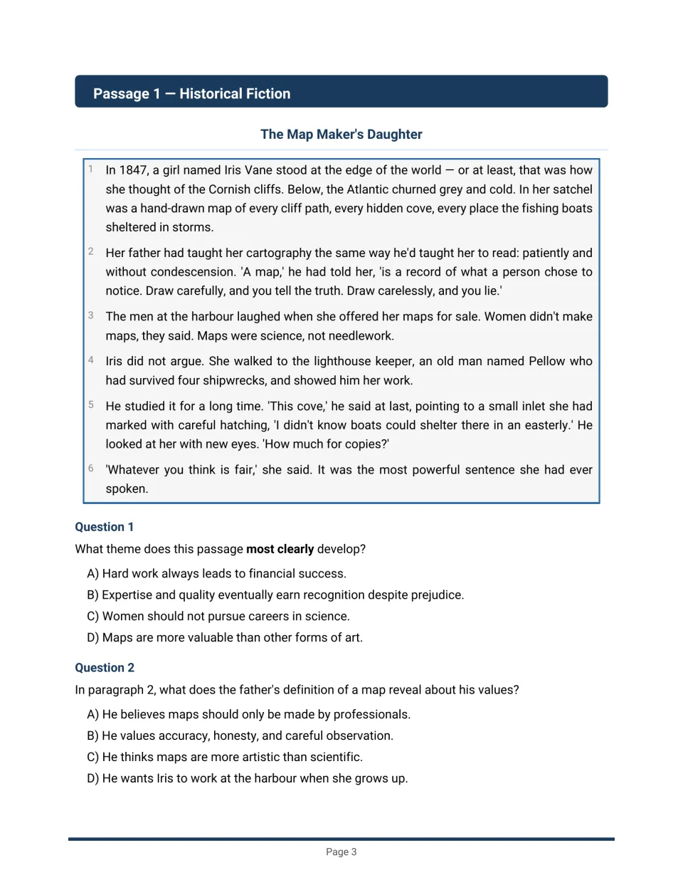 Historical fiction passage The Map Maker's Daughter with two multiple-choice questions on theme and the father's values