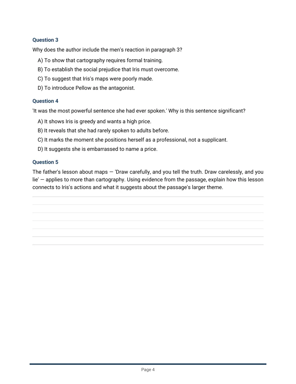 Map Maker's Daughter questions 3-5: author's purpose and a key sentence, then a written answer linking a lesson to theme