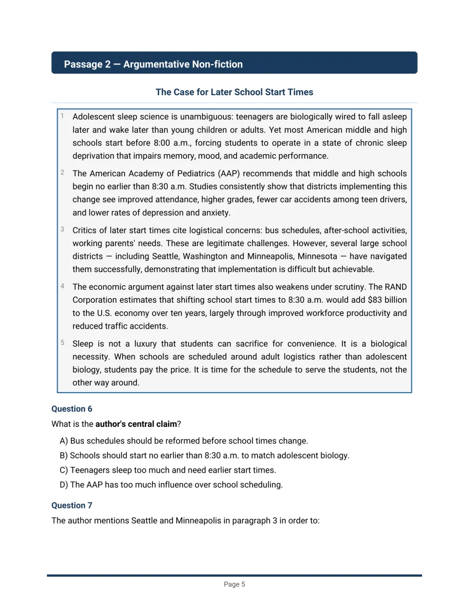 Argumentative passage The Case for Later School Start Times with questions on the author's central claim and examples
