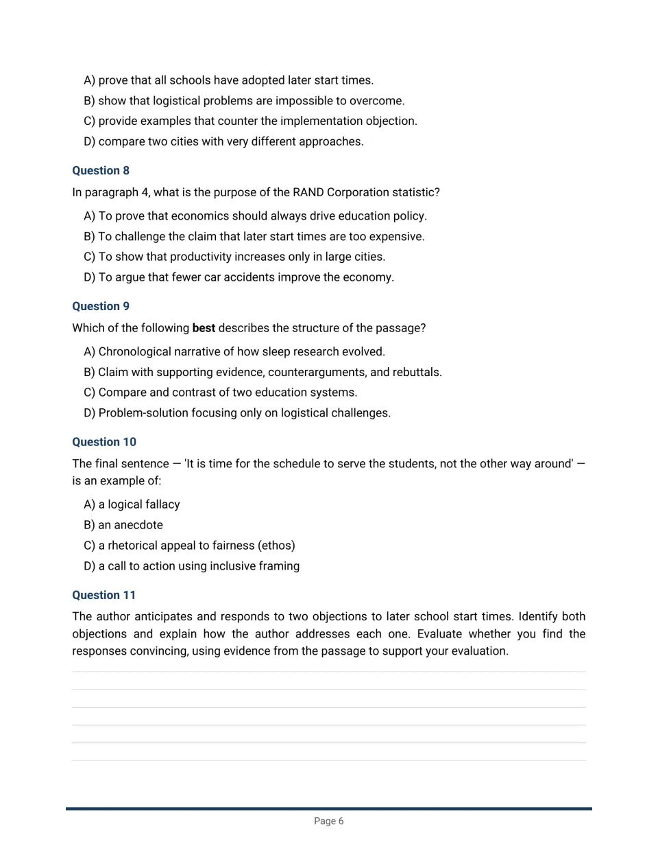 Start-times questions 7-11: a statistic's purpose, text structure, the closing line and a written reply to objections