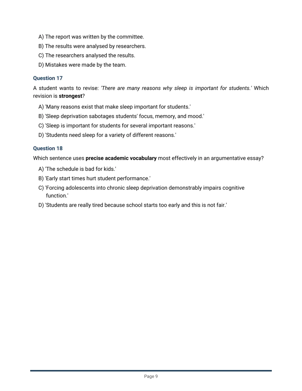 Conventions questions 16-18: choosing the active-voice sentence, the strongest revision and precise academic vocabulary