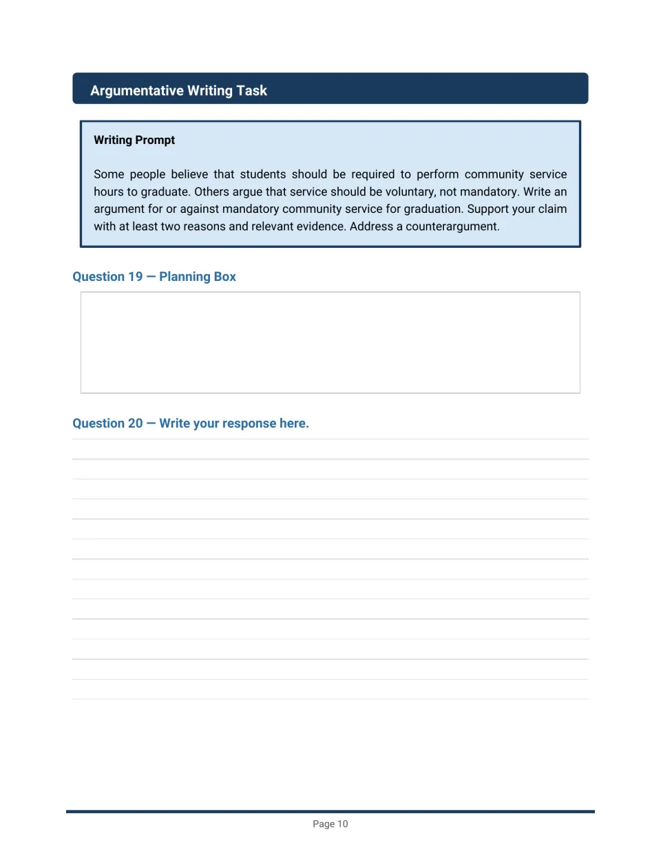 Argumentative writing task: students plan, then write an essay for or against mandatory community service to graduate