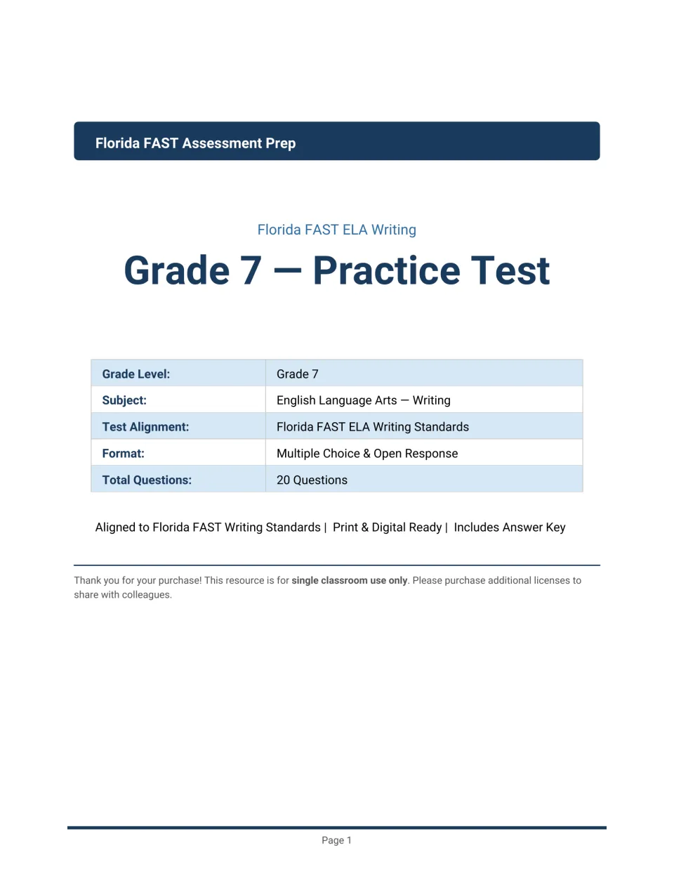 Grade 7 practice test title page listing ELA writing, multiple choice and open response formats and 20 questions