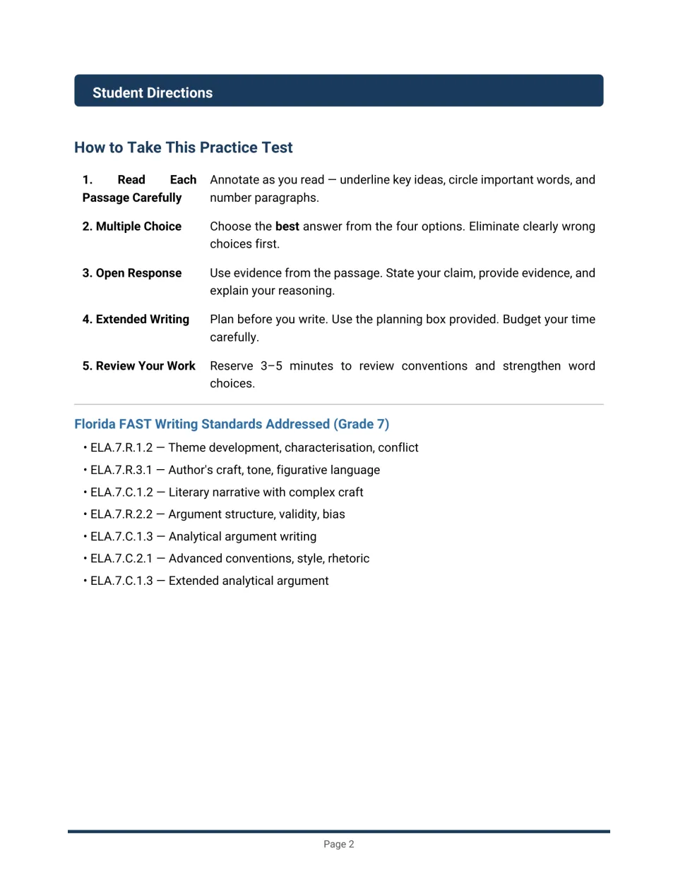 Student directions: five steps for taking the test, from annotating passages to reviewing work, plus a standards list