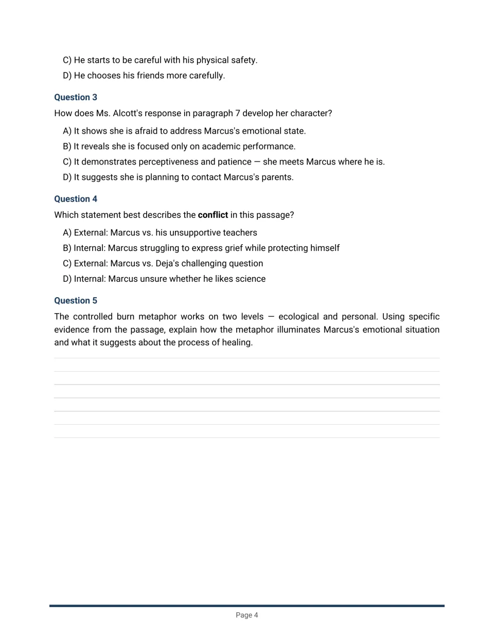 Controlled Burn questions 3 to 5: character development, internal conflict and a written response on the burn metaphor