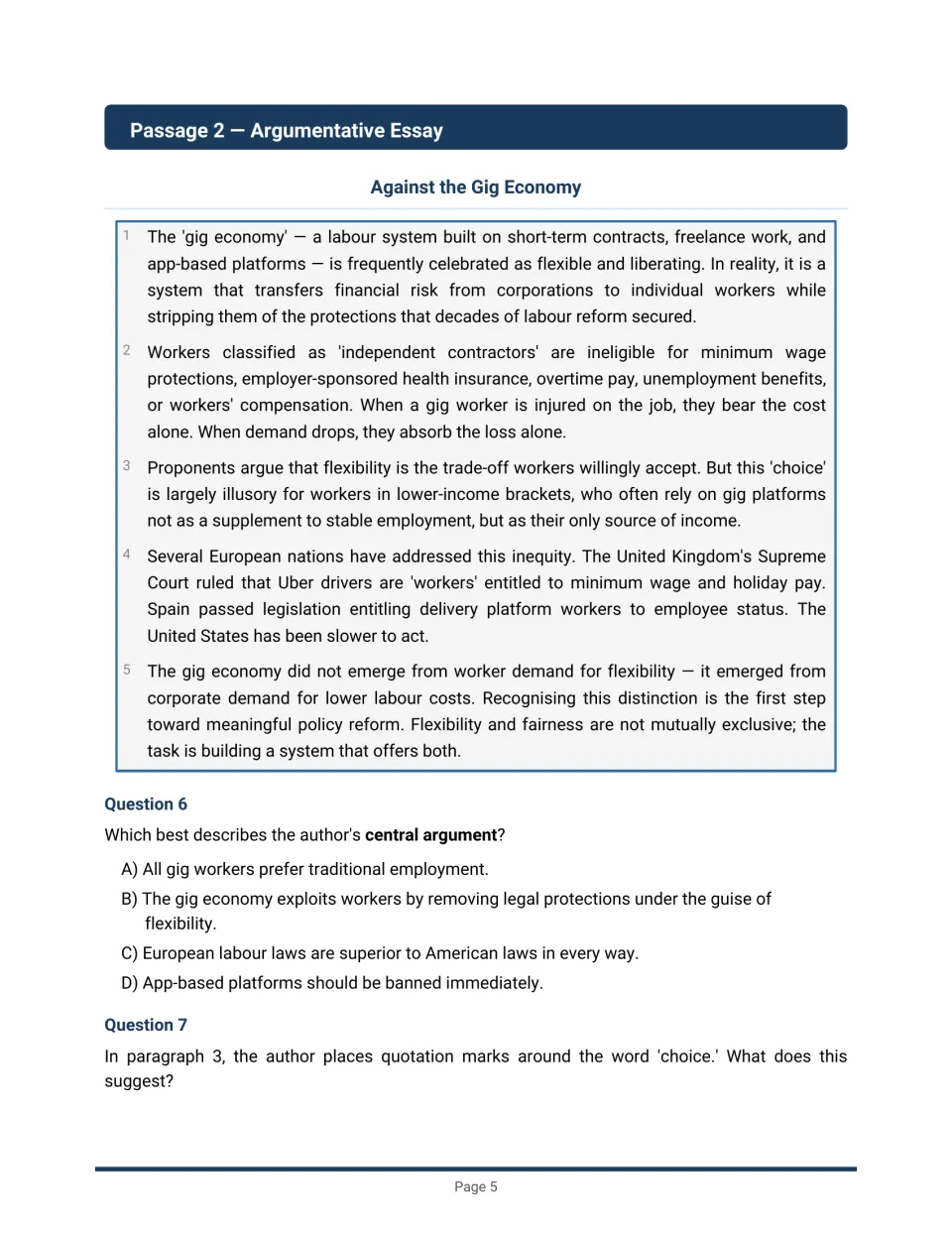 Argumentative essay 'Against the Gig Economy' with questions on the author's central argument and quoted word choice