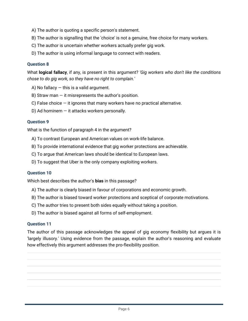 Gig economy questions 8 to 11: students spot a logical fallacy, paragraph function and bias, then evaluate the argument