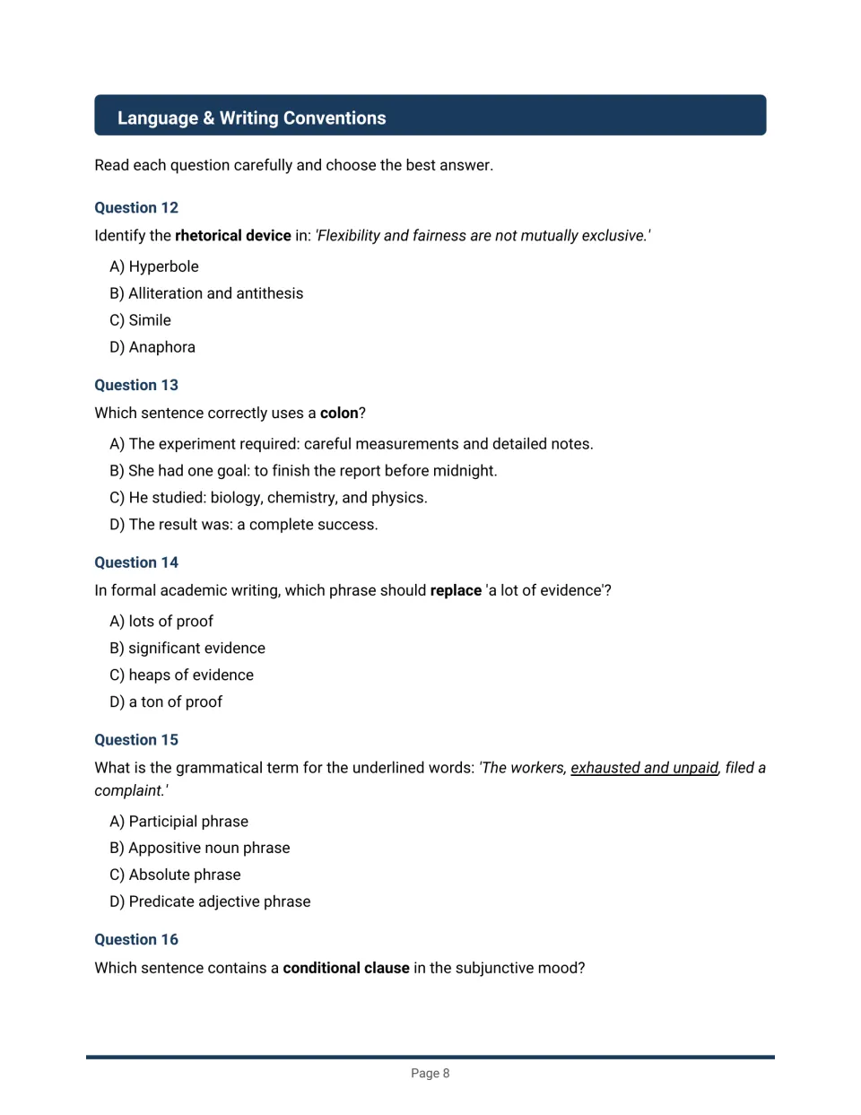 Language and writing conventions questions 12 to 16 on rhetorical devices, colon use, formal word choice and phrase types
