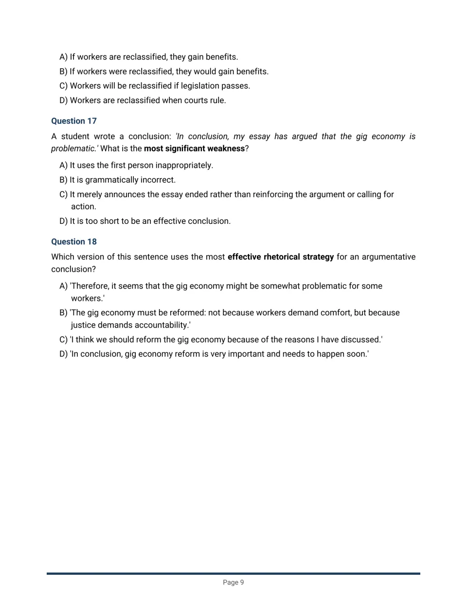 Conventions questions 16 to 18 on the subjunctive mood, a weak essay conclusion and the strongest closing line