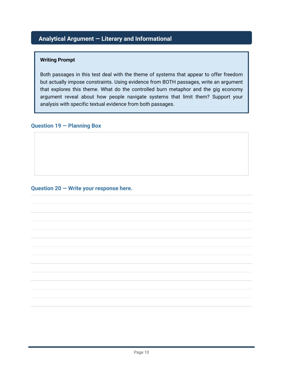 Analytical argument prompt: students plan and write an argument citing both passages on systems that limit people