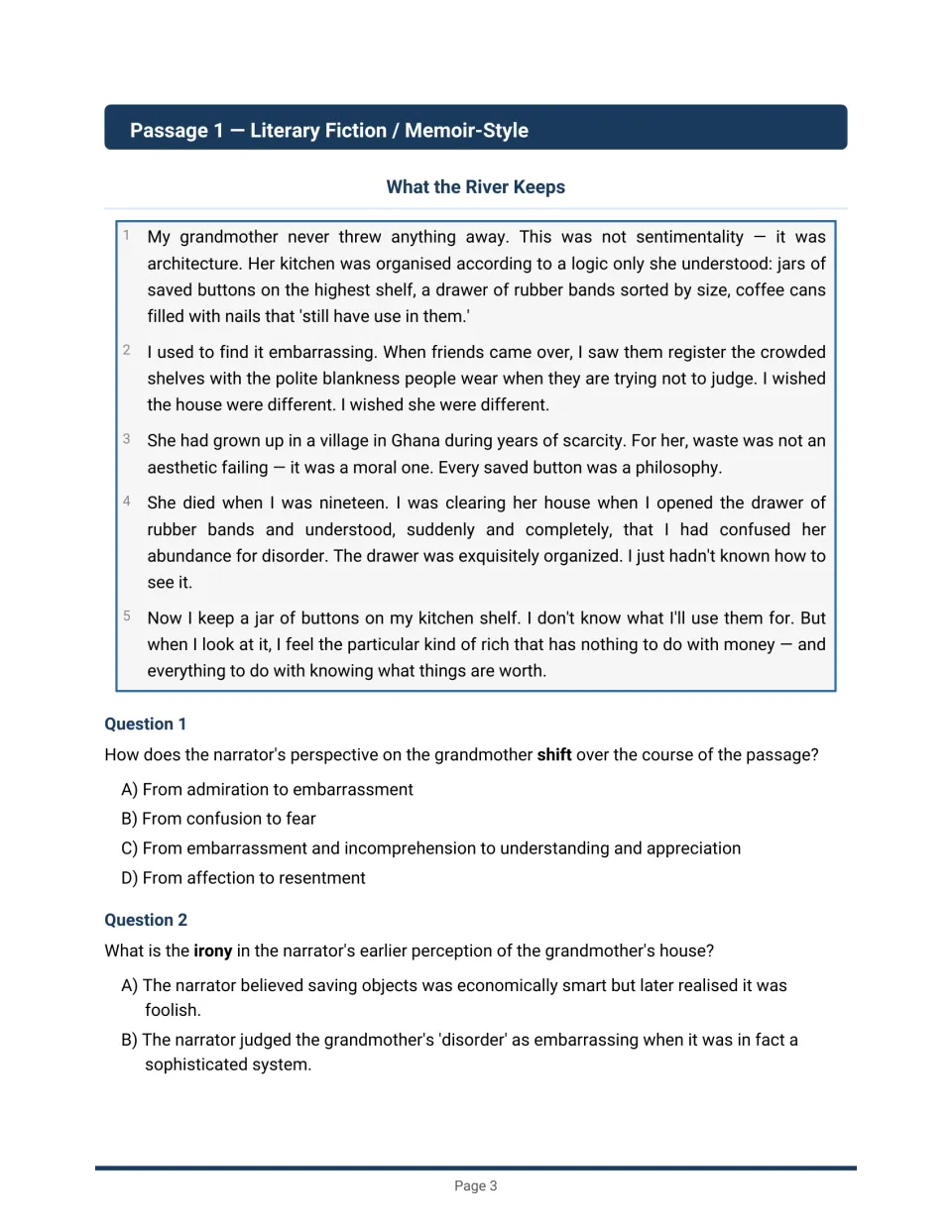 Passage 1, “What the River Keeps,” introduces a grandmother’s saving habits and questions 1–2 on perspective