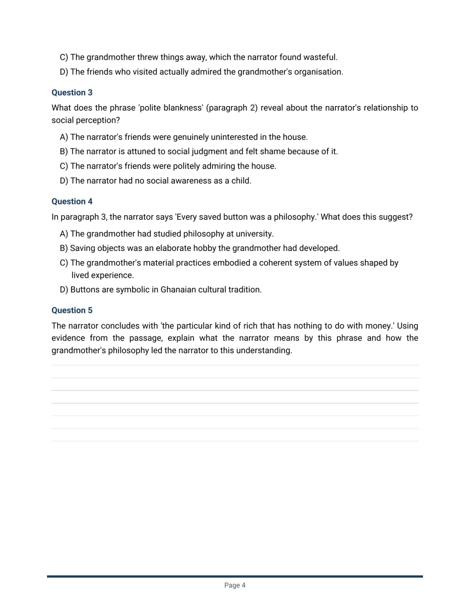 Passage 1 questions 2–5 continue with social judgment, the grandmother’s values, and an evidence-based response