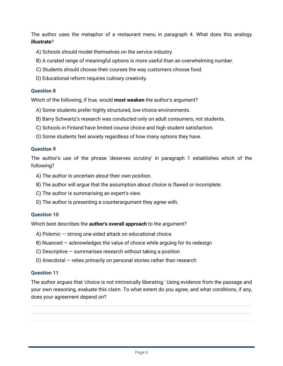 Passage 2 questions 7–11 examine analogy, evidence, author stance, and a written evaluation of educational choice
