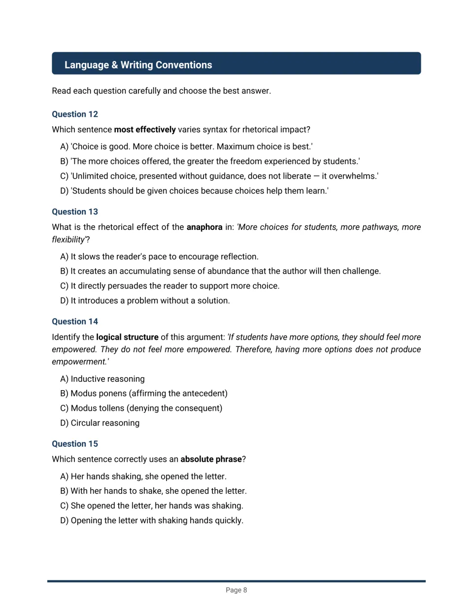 Language and writing conventions questions 12–15 address syntax, anaphora, logical structure, and absolute phrases