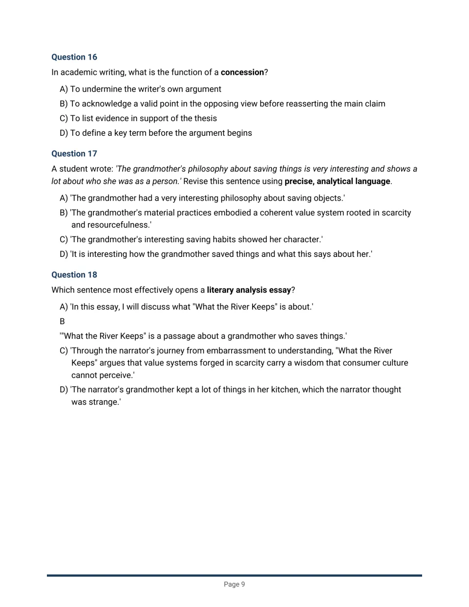 Writing questions 16–18 cover concessions, precise analytical language, and opening a literary analysis essay