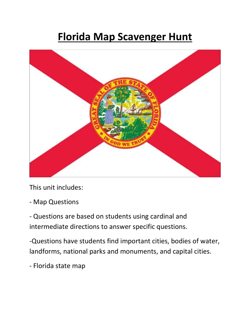 Florida Map Scavenger Hunt cover with the state flag, listing map questions on directions, cities, water and parks