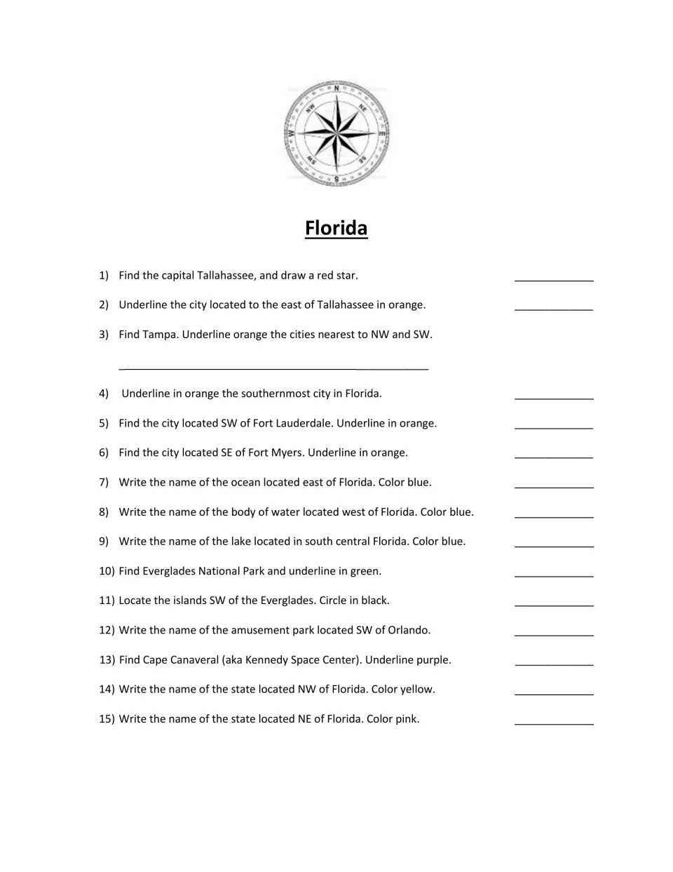 Florida map questions: students use cardinal and intermediate directions to find cities, lakes, parks and nearby states