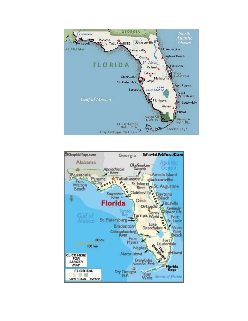 Two Florida reference maps labeling cities, Lake Okeechobee, the Everglades, Florida Keys, Gulf of Mexico and Atlantic