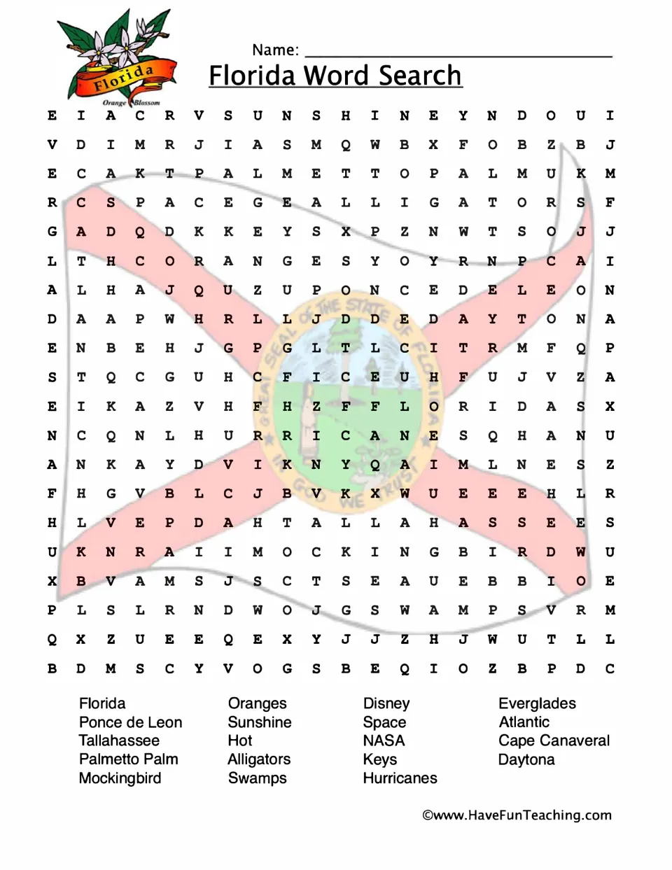Florida word search: students find 19 state words such as Tallahassee, Everglades, Cape Canaveral, alligators and NASA