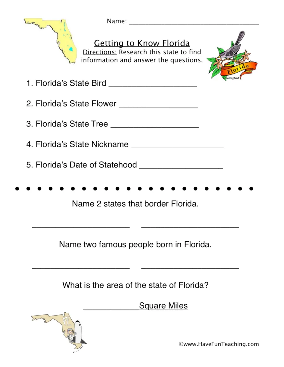 Getting to Know Florida: students research the state bird, flower, tree, nickname, statehood date, borders and area