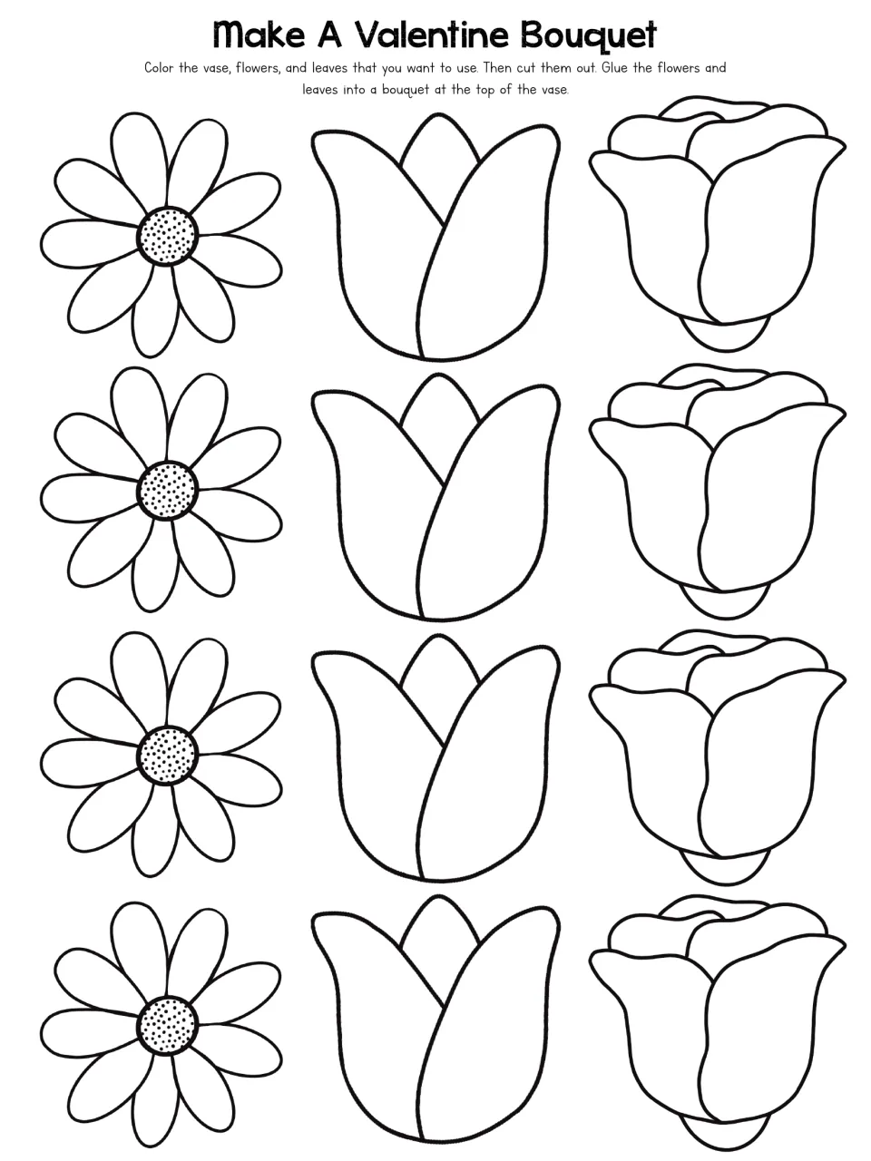 First bouquet cutout sheet: 12 flowers to color and cut, including four daisies, four tulips, and four roses